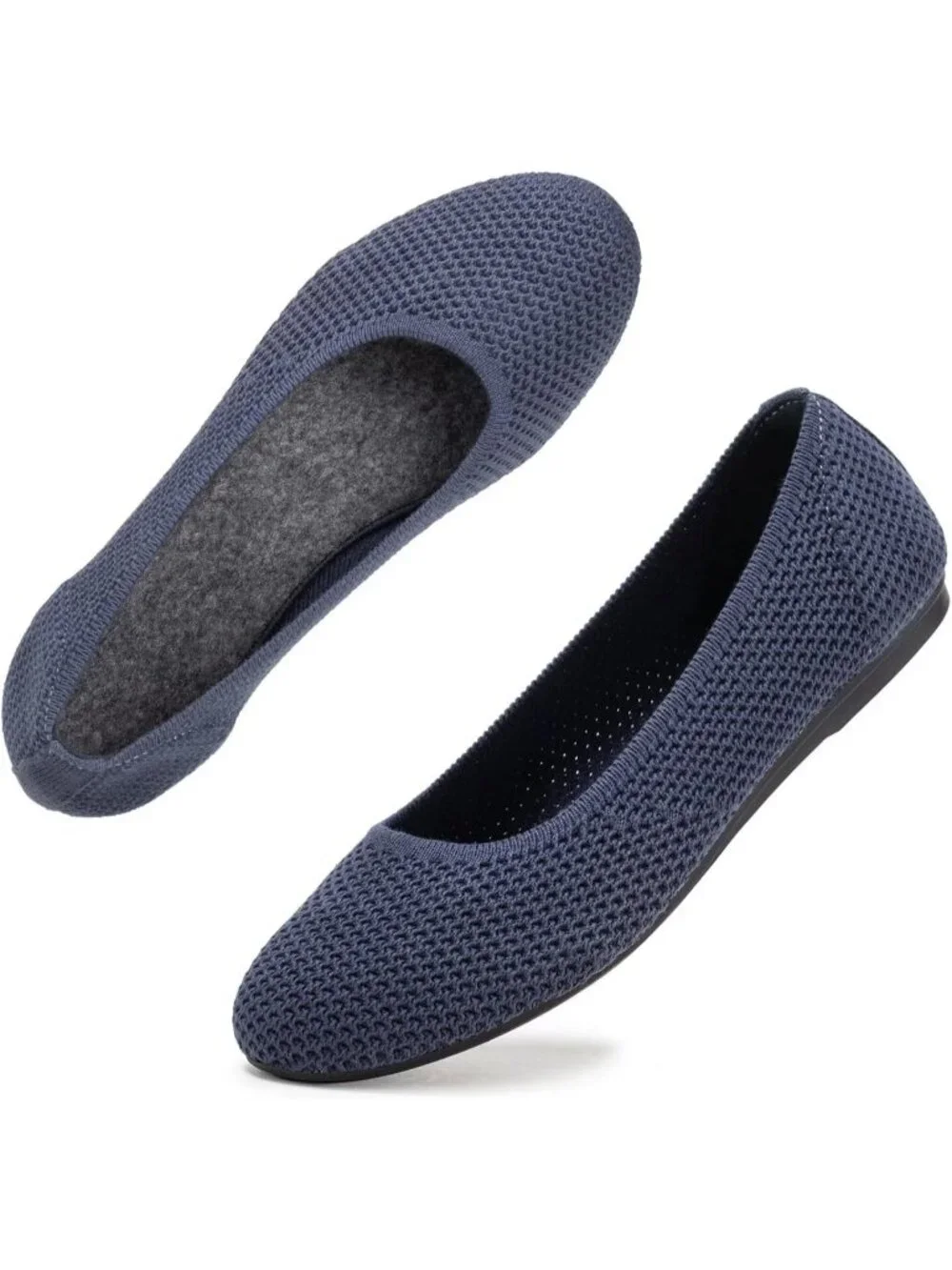 Women's Navy Blue Round Toe Knit Low Wedge Slip On Ballerina Ballet Flat Shoes